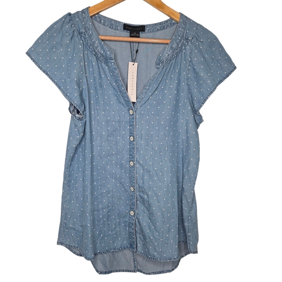 Sanctuary Womens Denim Lyocell Polka Flutter Sleeve Button Front Blouse Size XS - Picture 1 of 10